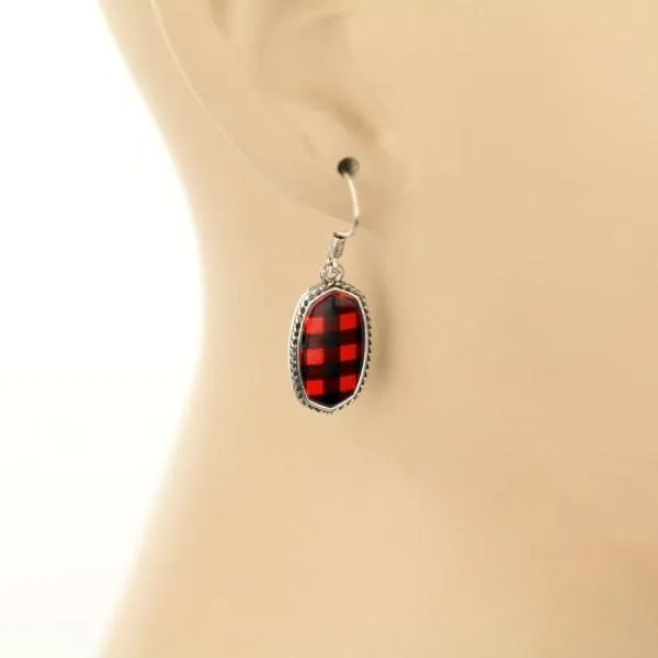* Red Plaid Tiny Oval Earrings