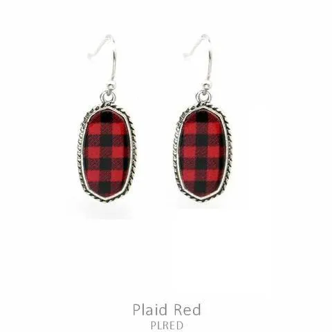 * Red Plaid Tiny Oval Earrings