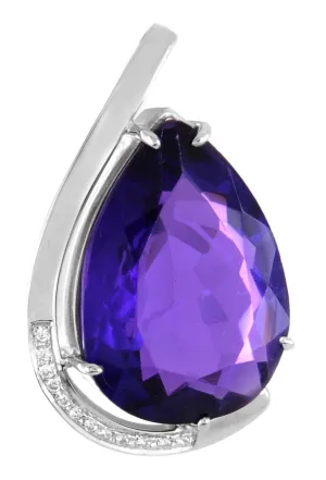 10-12cts Pear Shape Amethyst Pendant in Sterling Silver With White Diamond Accents