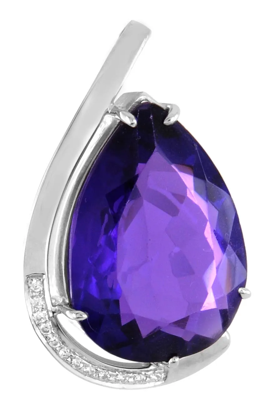 10-12cts Pear Shape Amethyst Pendant in Sterling Silver With White Diamond Accents