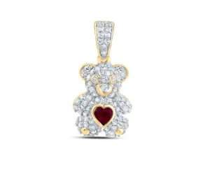 10K-Y 1/3 CTW Diamond Teddy Bear with Ruby Heart Pendant 18”