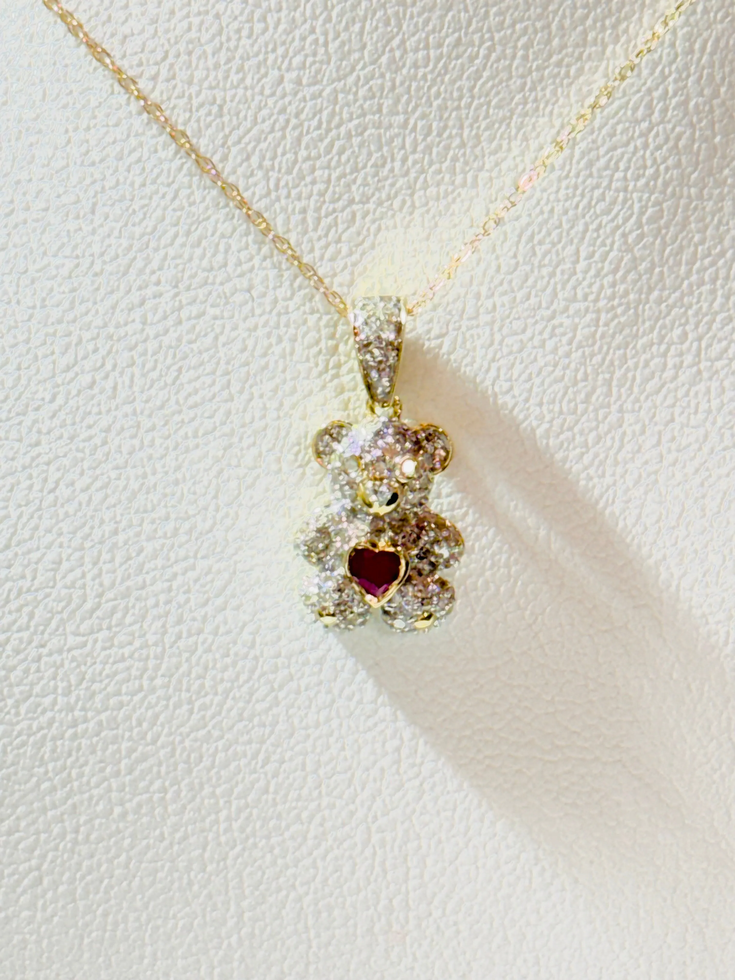 10K-Y 1/3 CTW Diamond Teddy Bear with Ruby Heart Pendant 18”