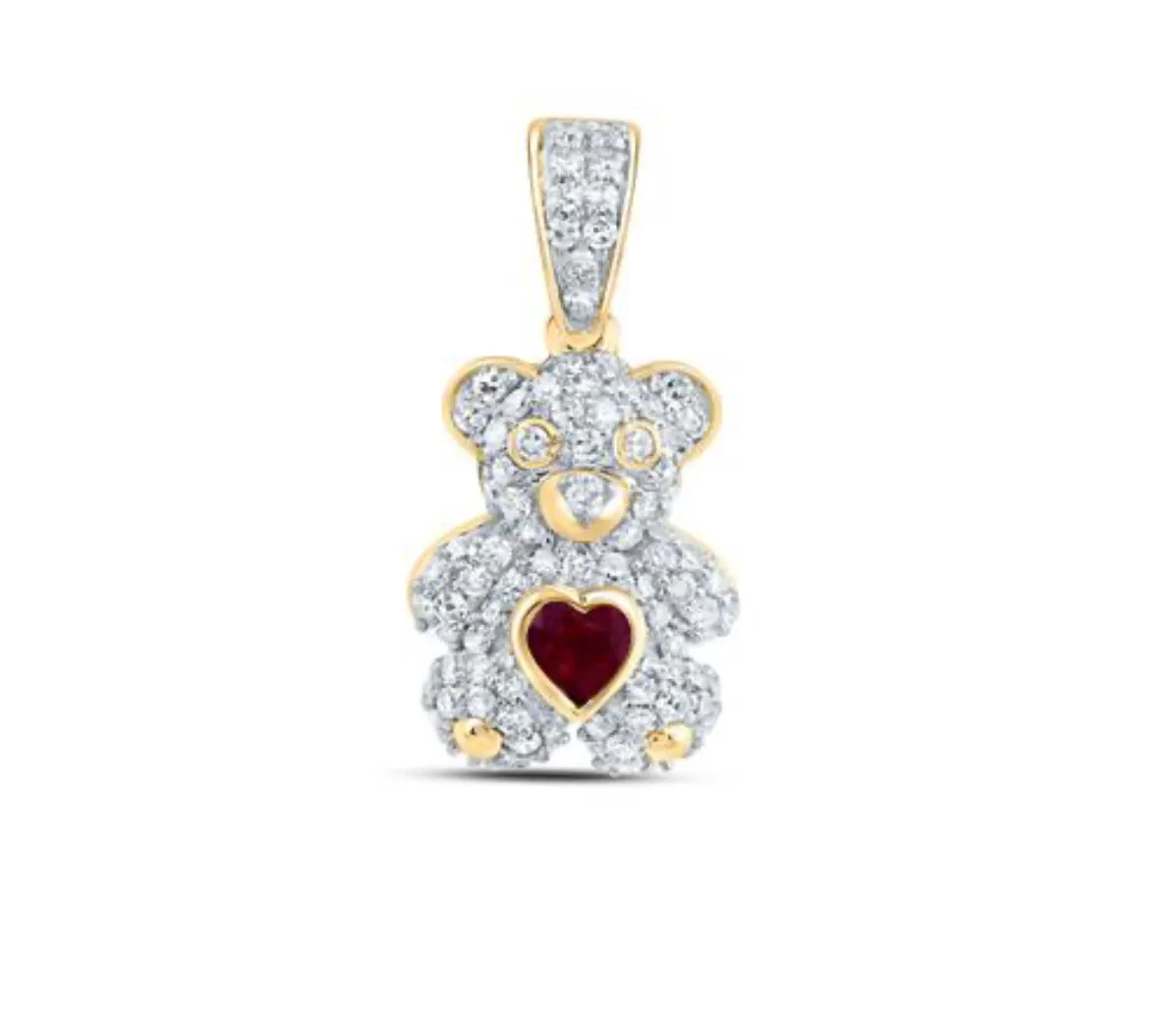 10K-Y 1/3 CTW Diamond Teddy Bear with Ruby Heart Pendant 18”