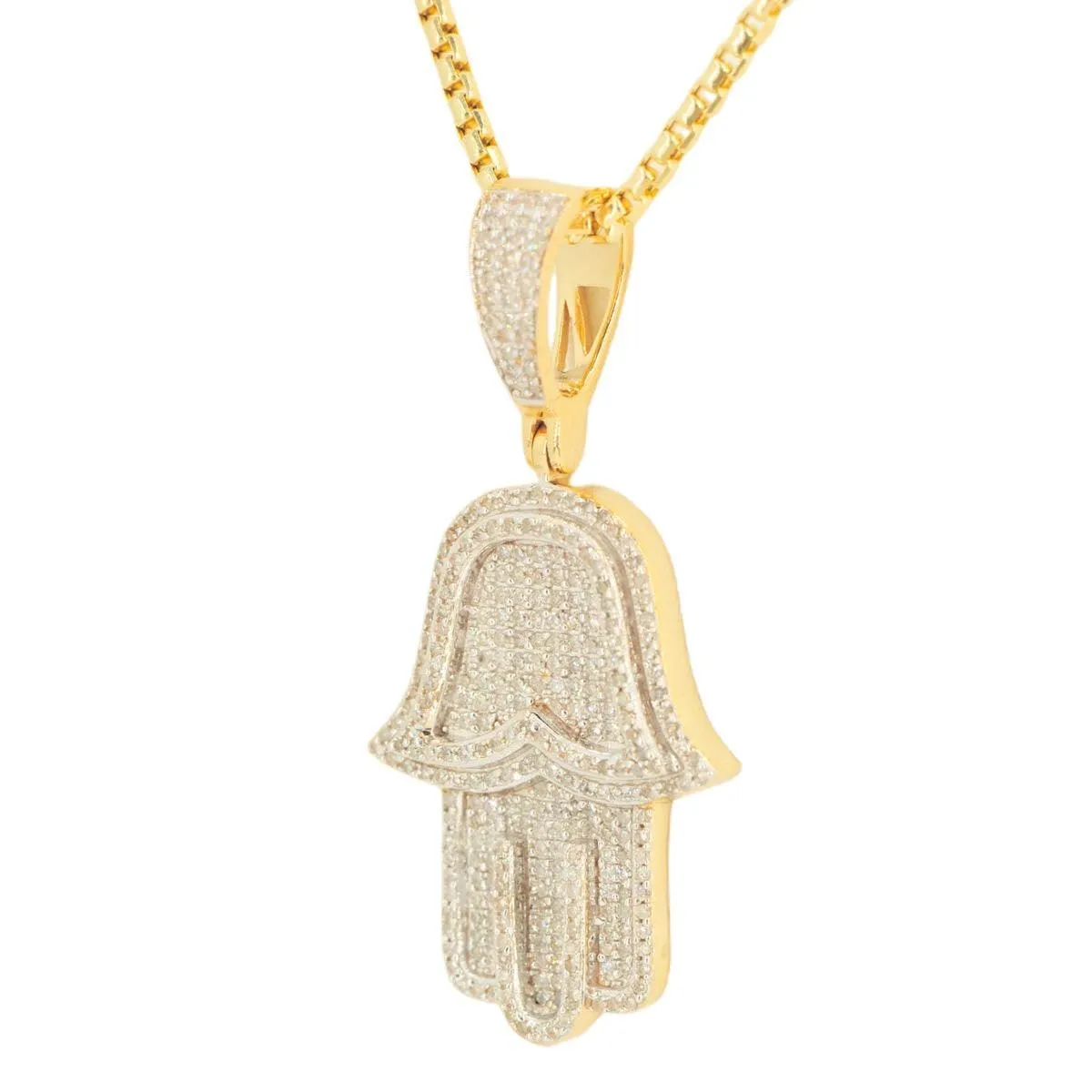 10k Yellow Gold 0.70cttw 3D Hamzah Hand Pendant and 1.5mm Venetian Box Chain Bundle 18" 20” 22” 24”
