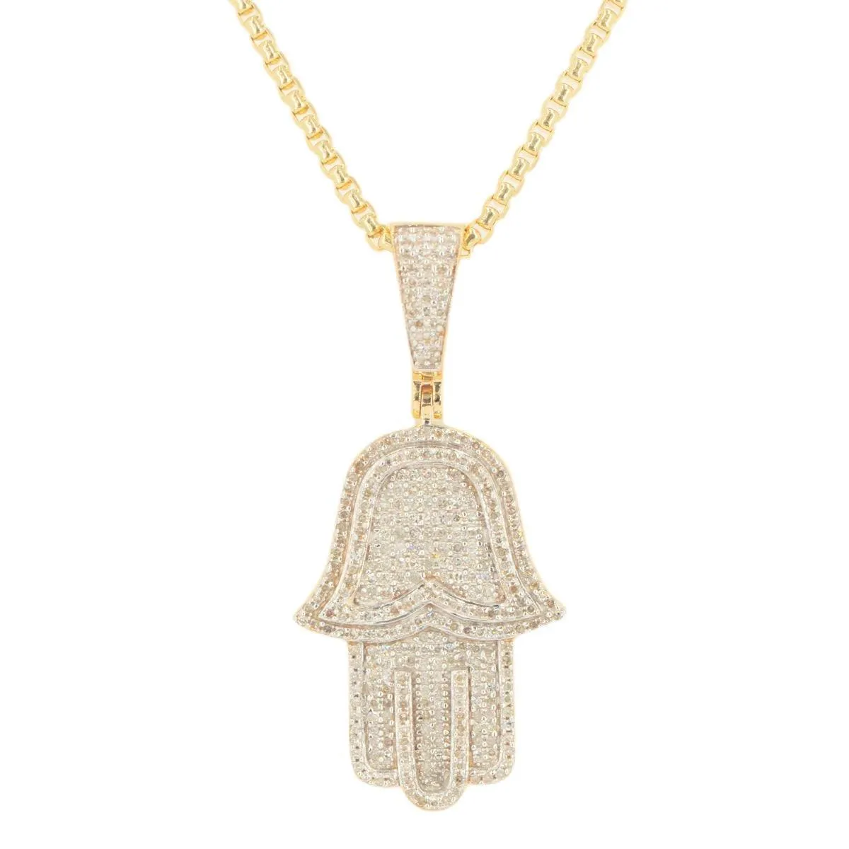 10k Yellow Gold 0.70cttw 3D Hamzah Hand Pendant and 1.5mm Venetian Box Chain Bundle 18" 20” 22” 24”