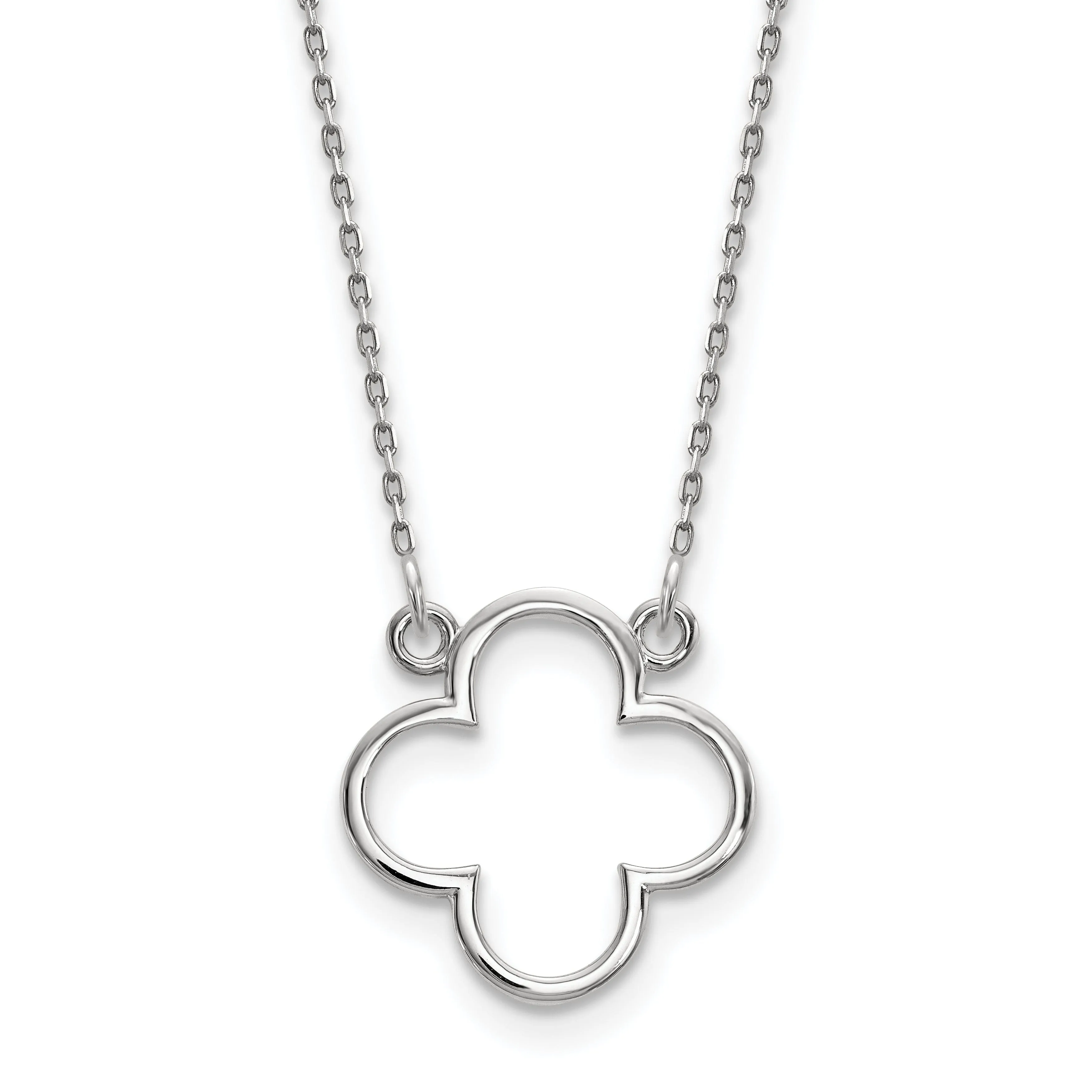 14k White Gold Polished Diamond Cut Finish Quatrefoil Pendant Design in a 18-Inch Cable Chain Necklace Set