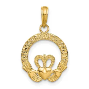 14k Yellow Gold Textured Satin Diamond Cut Flat-Backed Engraved Friendship Love Loyalty Claddagh Design Charm Pendant