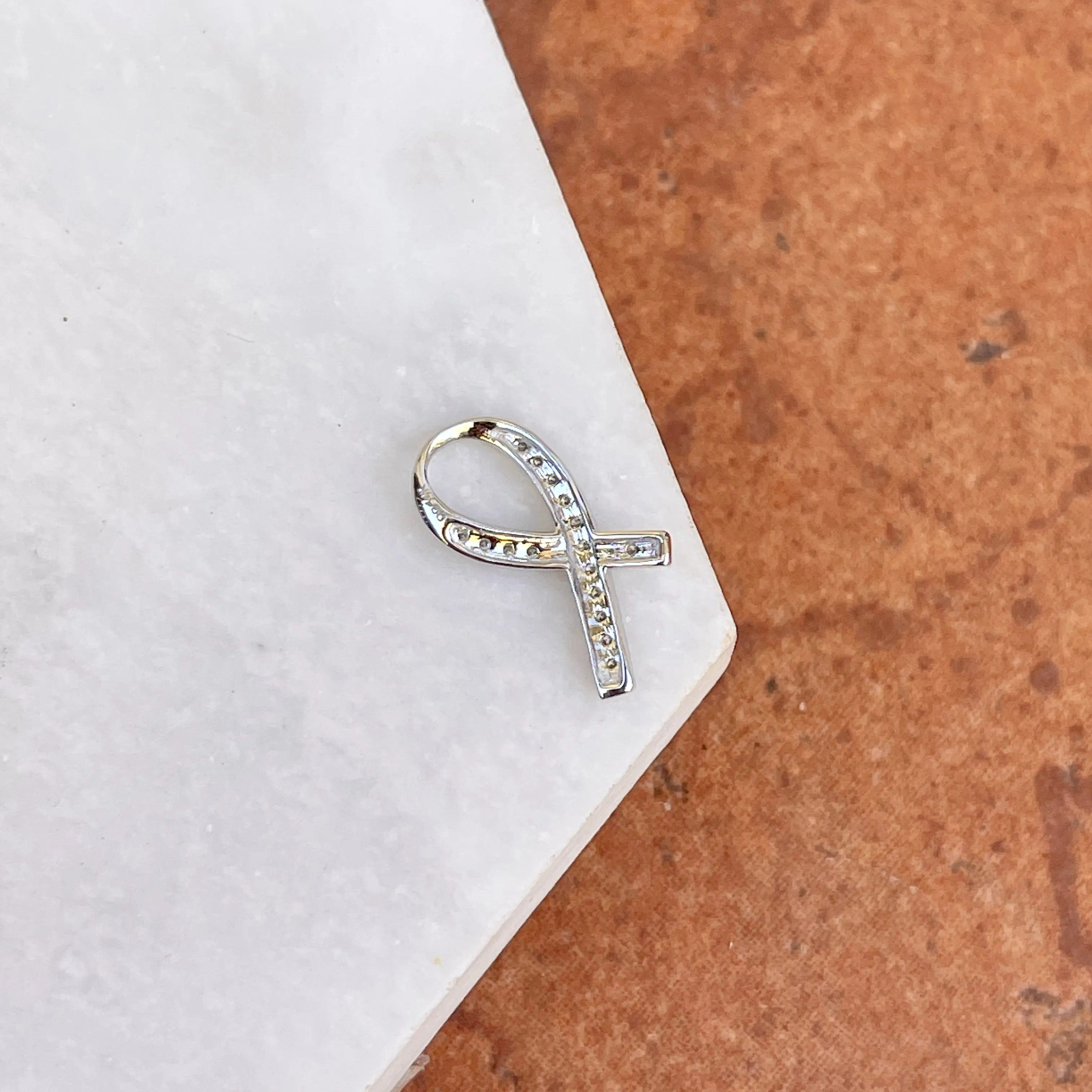 14KT White Gold 1/8 CT Diamond Cancer Awareness Ribbon Pendant Slide