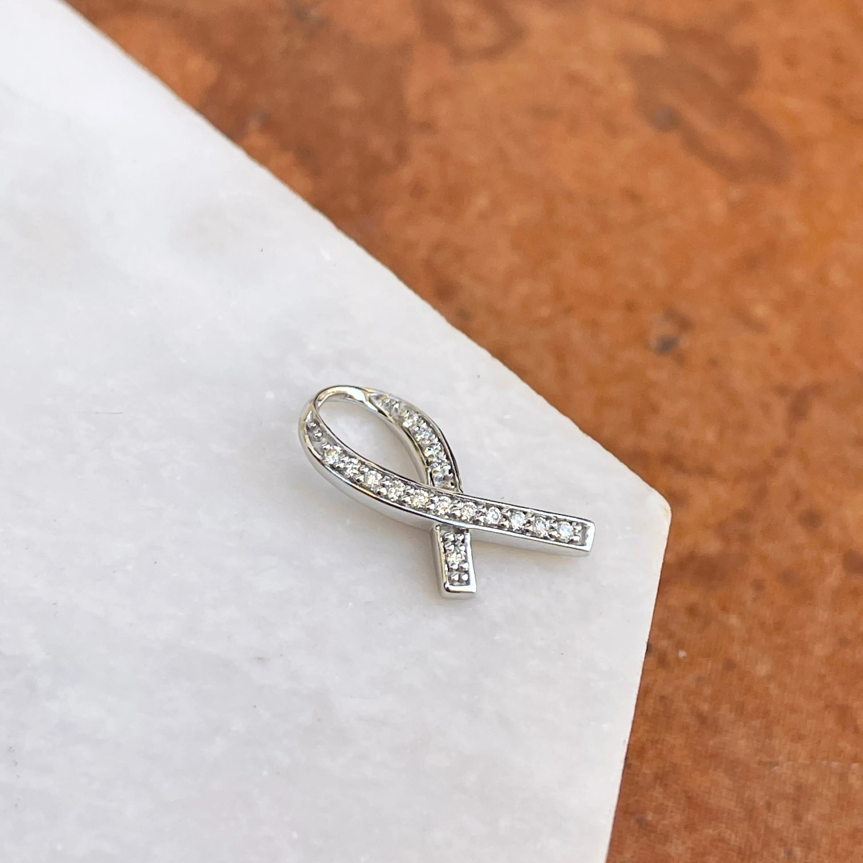 14KT White Gold 1/8 CT Diamond Cancer Awareness Ribbon Pendant Slide