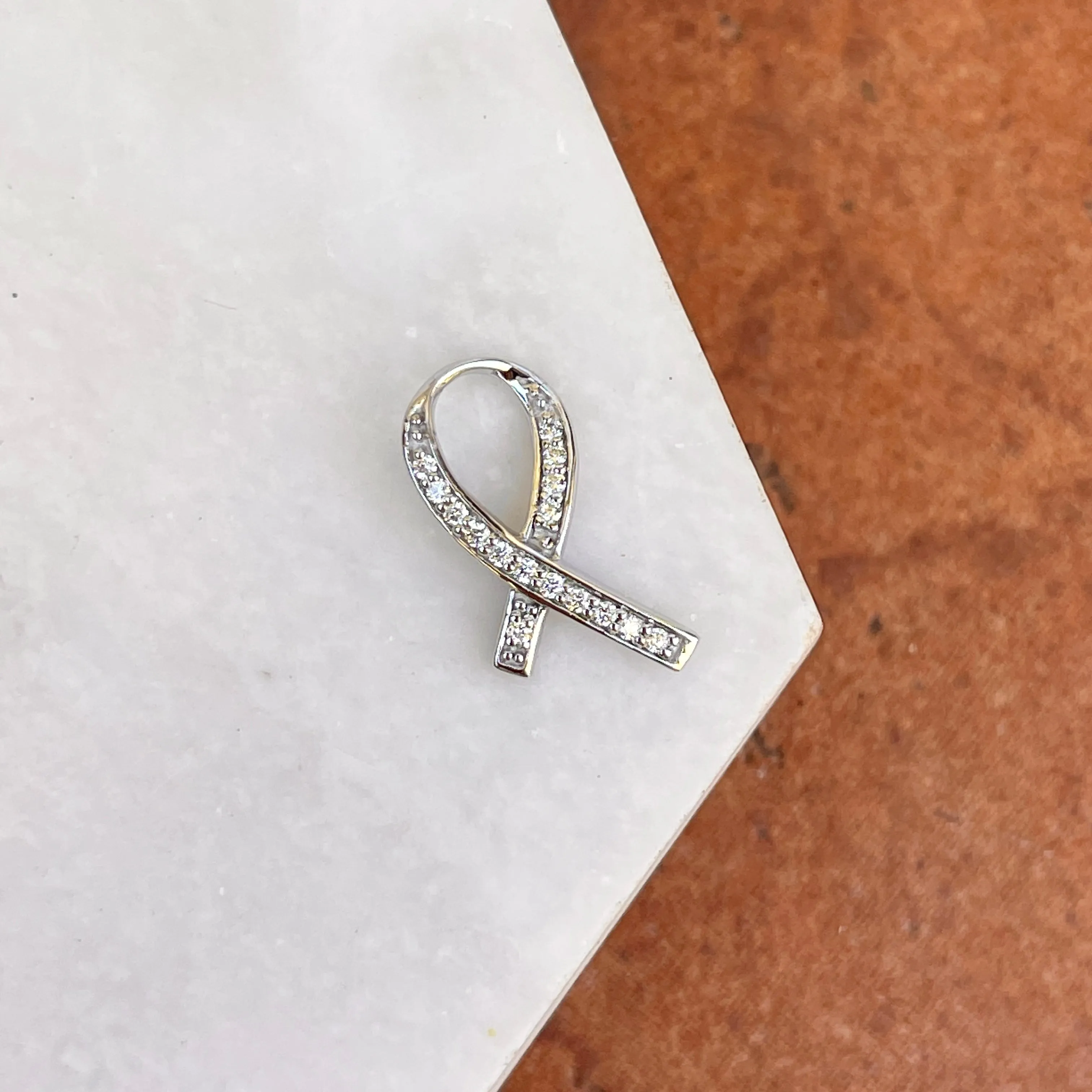 14KT White Gold 1/8 CT Diamond Cancer Awareness Ribbon Pendant Slide