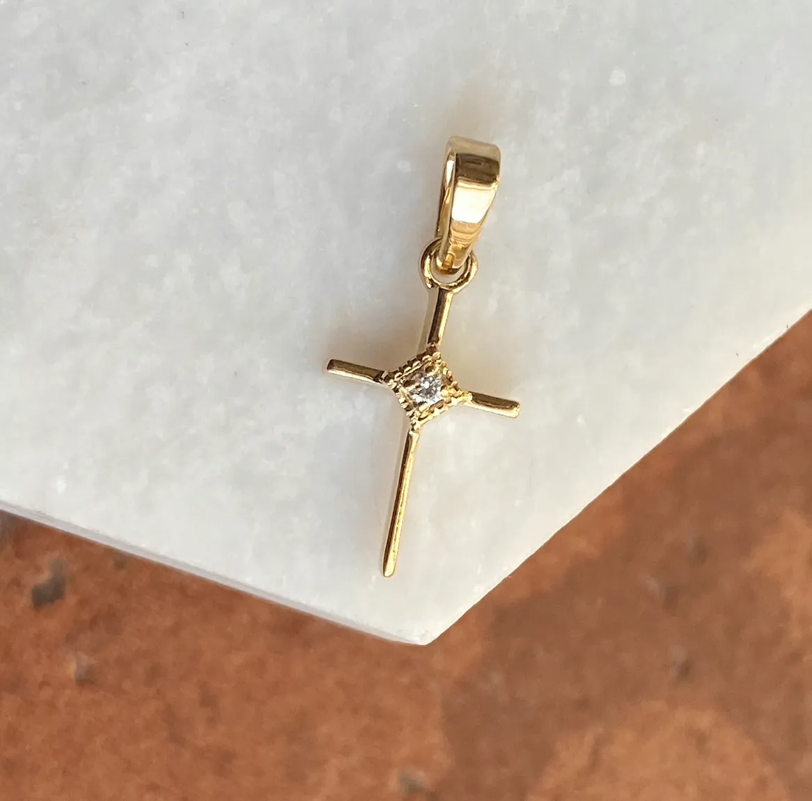 14KT Yellow Gold .01 CT Diamond Thin Cross Pendant Charm