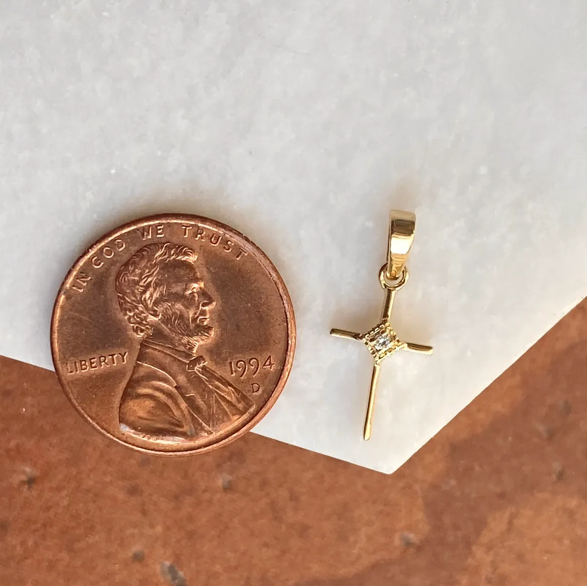 14KT Yellow Gold .01 CT Diamond Thin Cross Pendant Charm