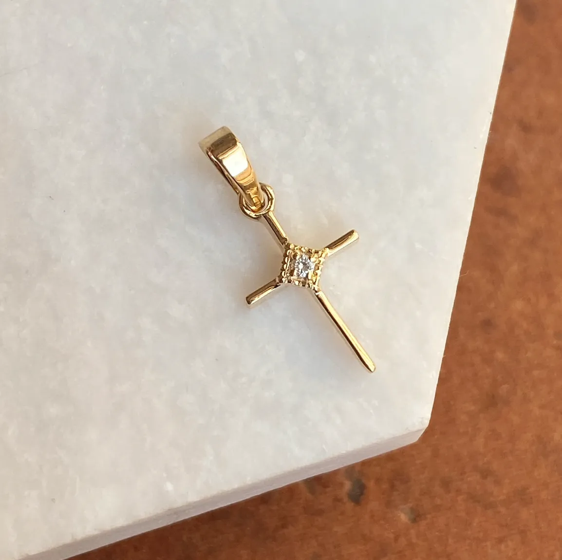14KT Yellow Gold .01 CT Diamond Thin Cross Pendant Charm