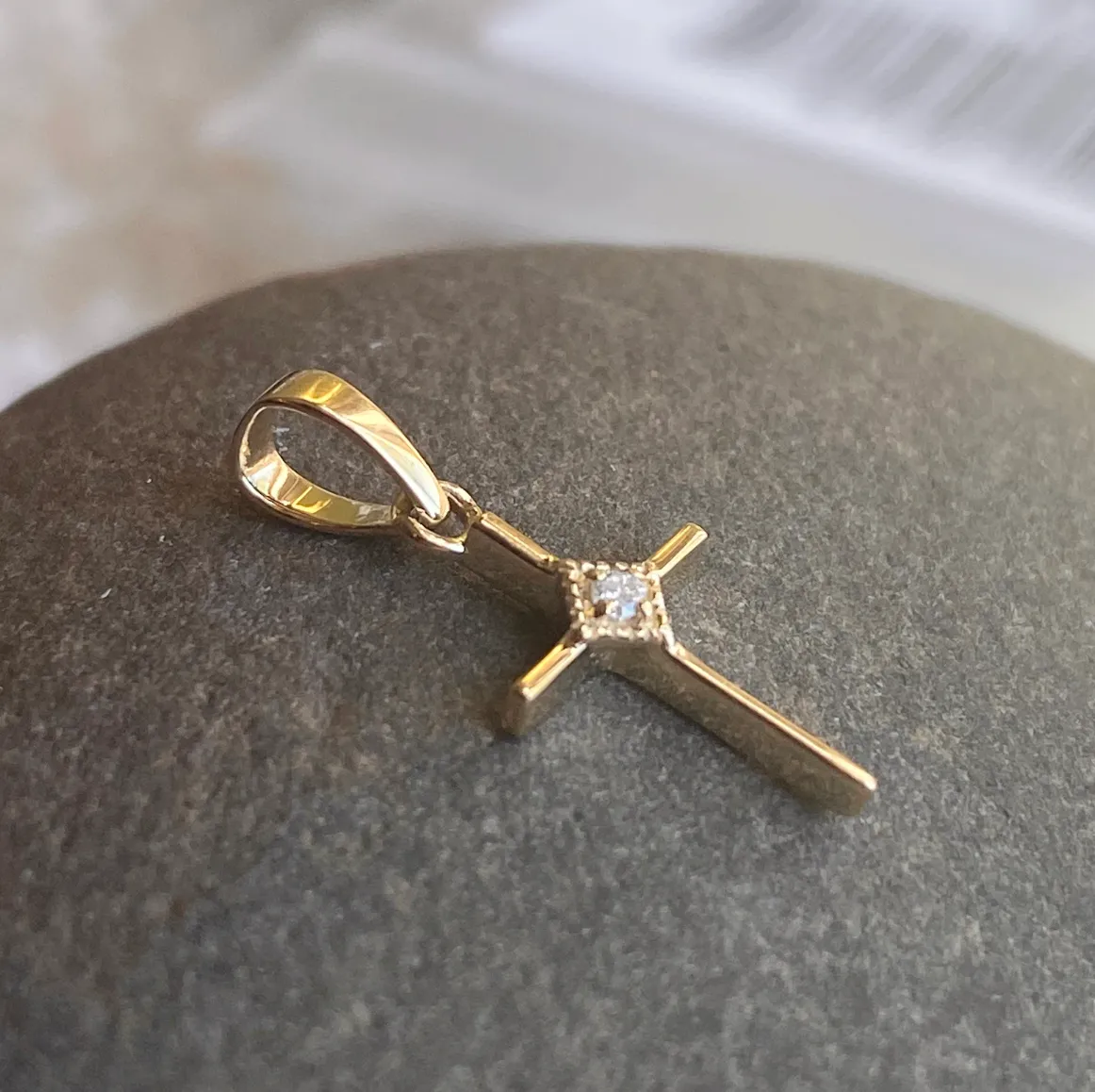 14KT Yellow Gold .01 CT Diamond Thin Cross Pendant Charm
