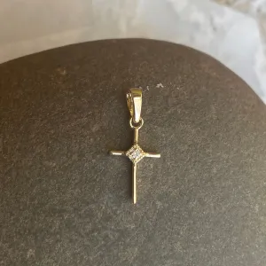 14KT Yellow Gold .01 CT Diamond Thin Cross Pendant Charm