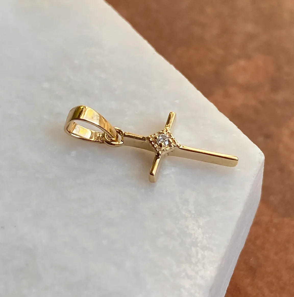 14KT Yellow Gold .01 CT Diamond Thin Cross Pendant Charm