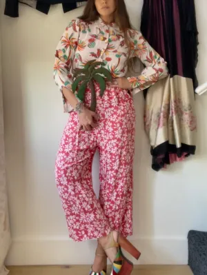 1940s Cold Rayon Floral Wide Leg Cropped Side Button Pants