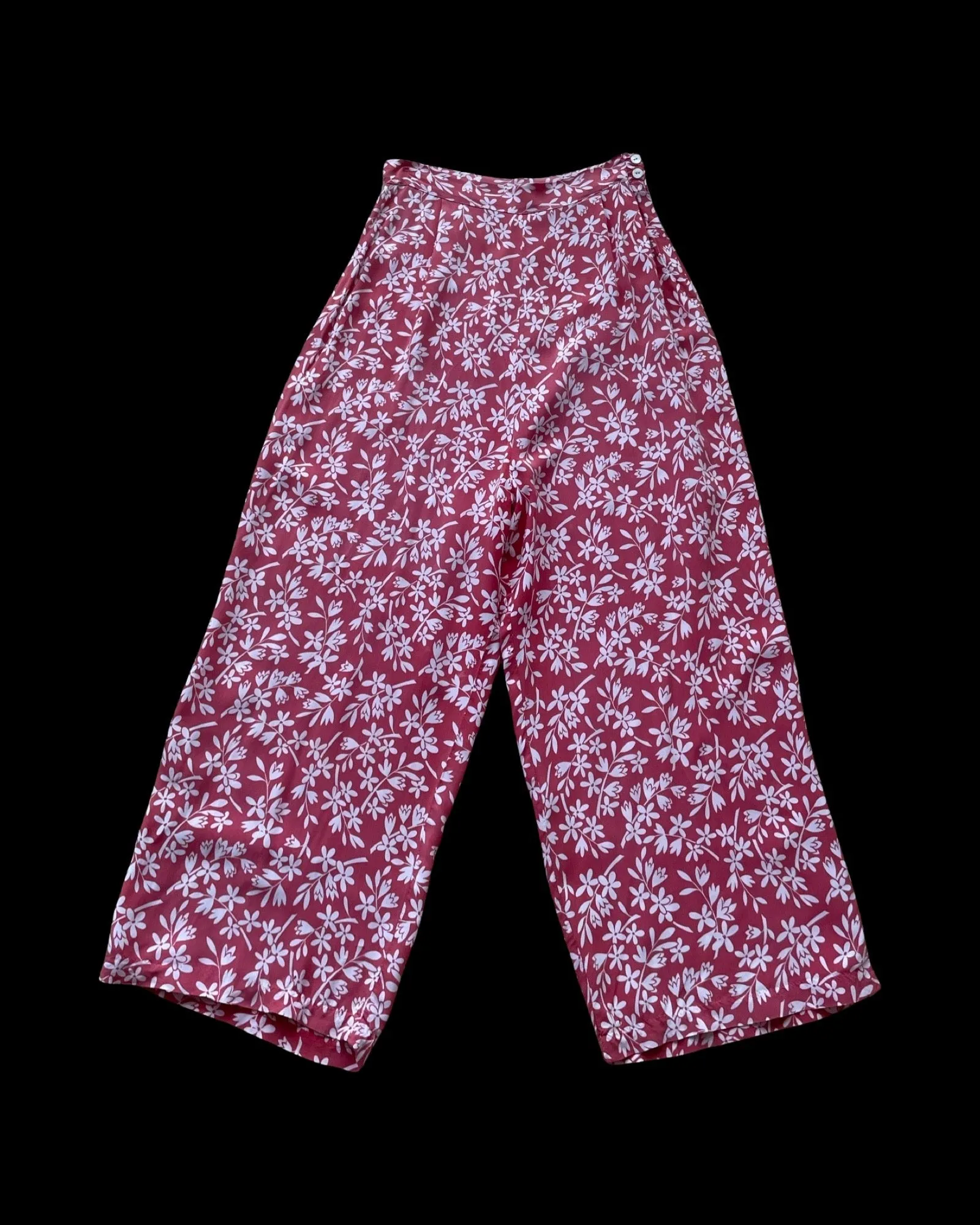 1940s Cold Rayon Floral Wide Leg Cropped Side Button Pants