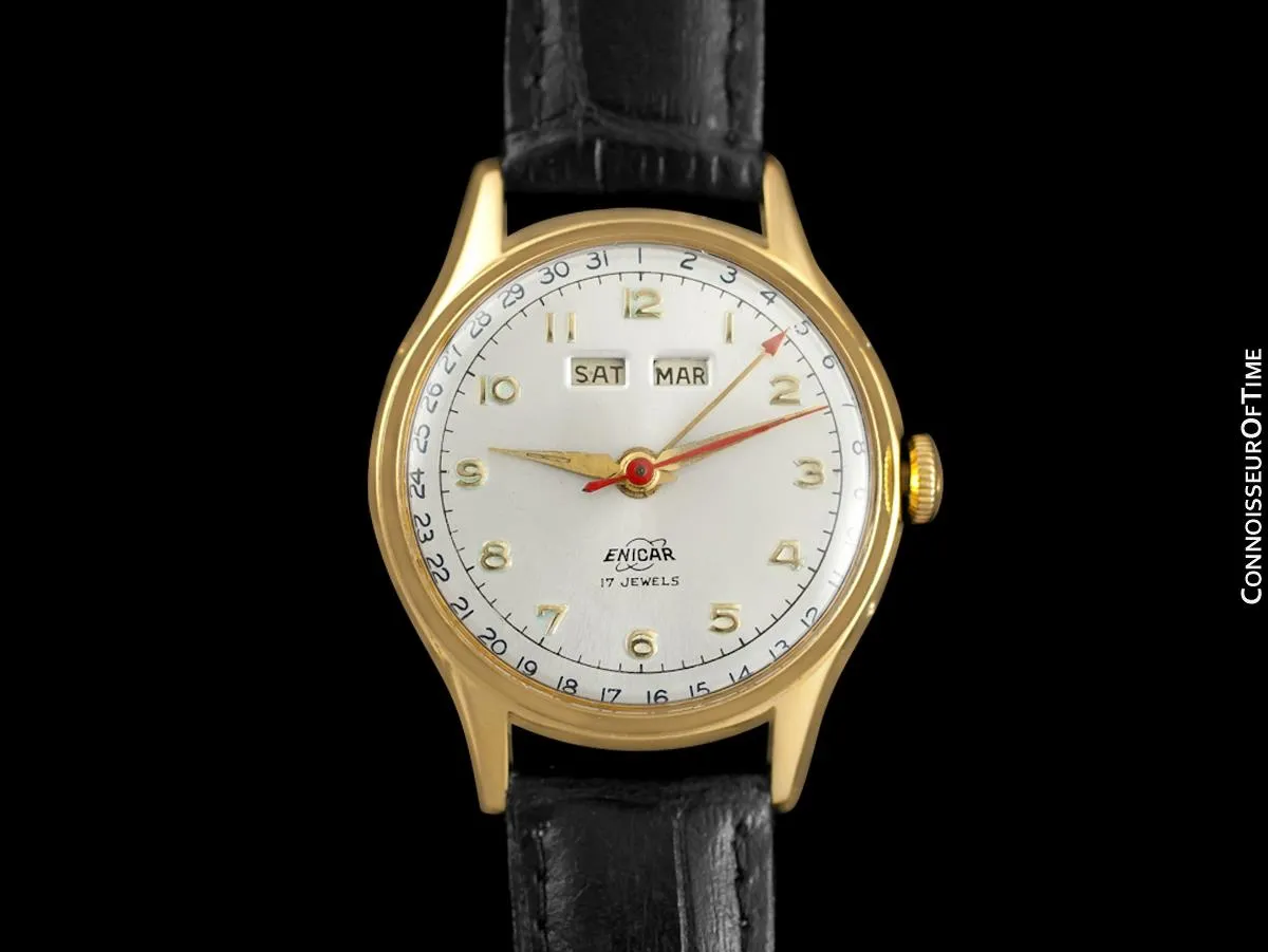 1950's Enicar Vintage Mens  Watch, Day Date Calendar, Gold Plated & Stainless Steel