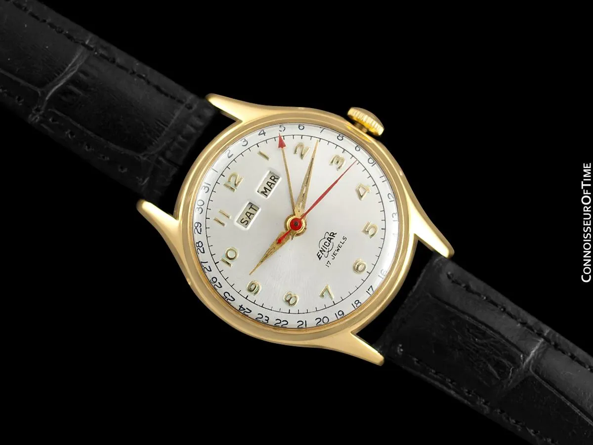1950's Enicar Vintage Mens  Watch, Day Date Calendar, Gold Plated & Stainless Steel