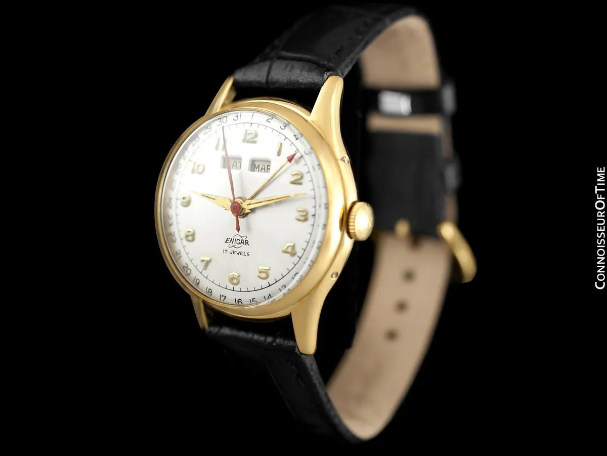 1950's Enicar Vintage Mens  Watch, Day Date Calendar, Gold Plated & Stainless Steel