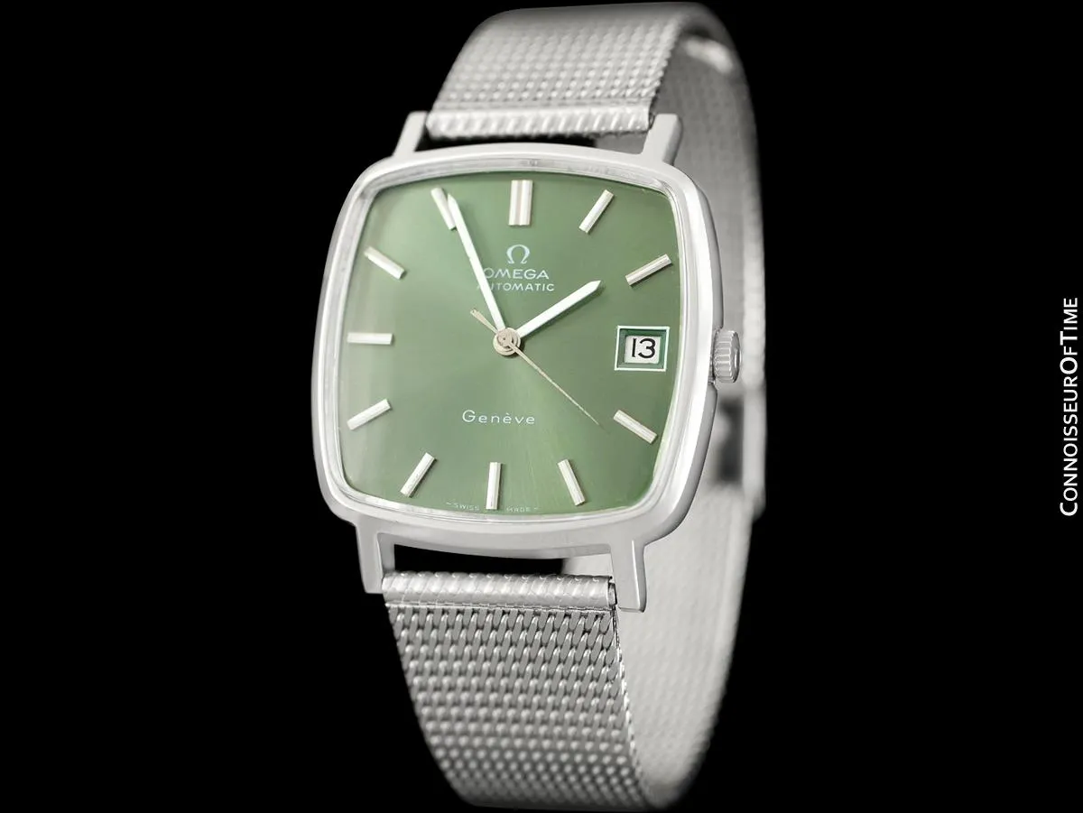 1974 Omega Geneve Vintage Mens Midsize Watch with Emerald / Money Green Dial - Stainless Steel