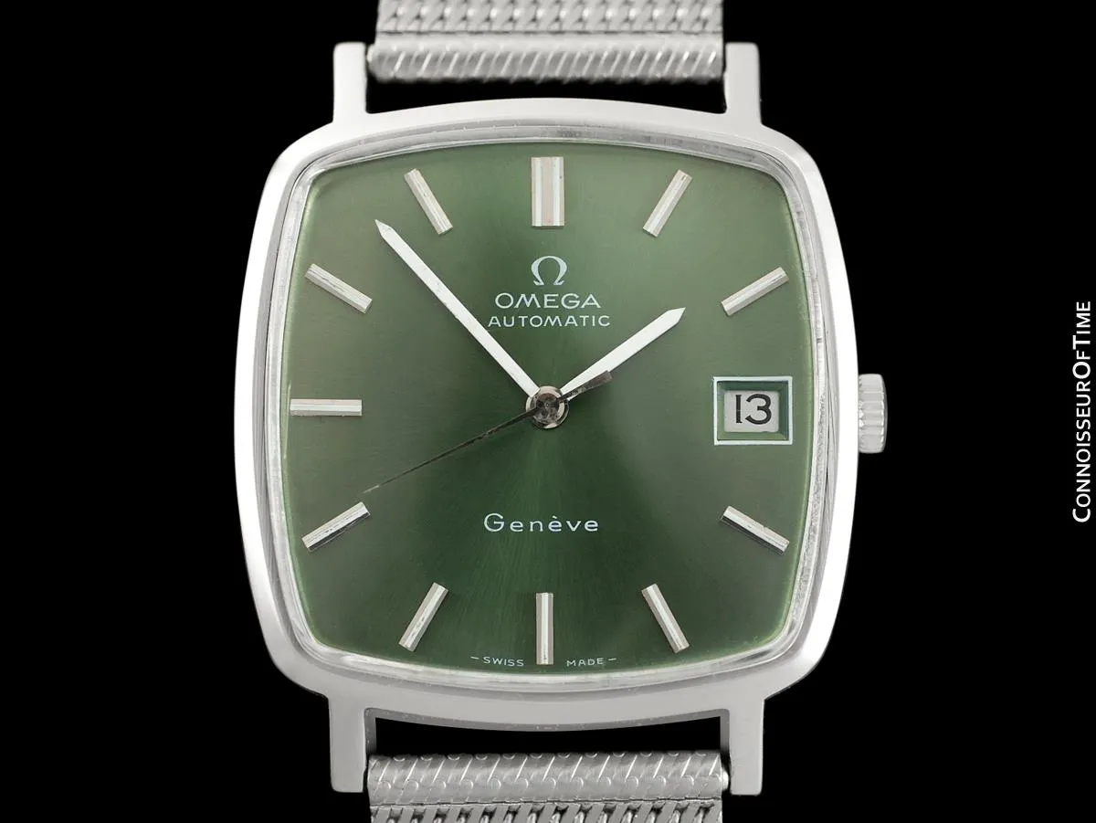 1974 Omega Geneve Vintage Mens Midsize Watch with Emerald / Money Green Dial - Stainless Steel