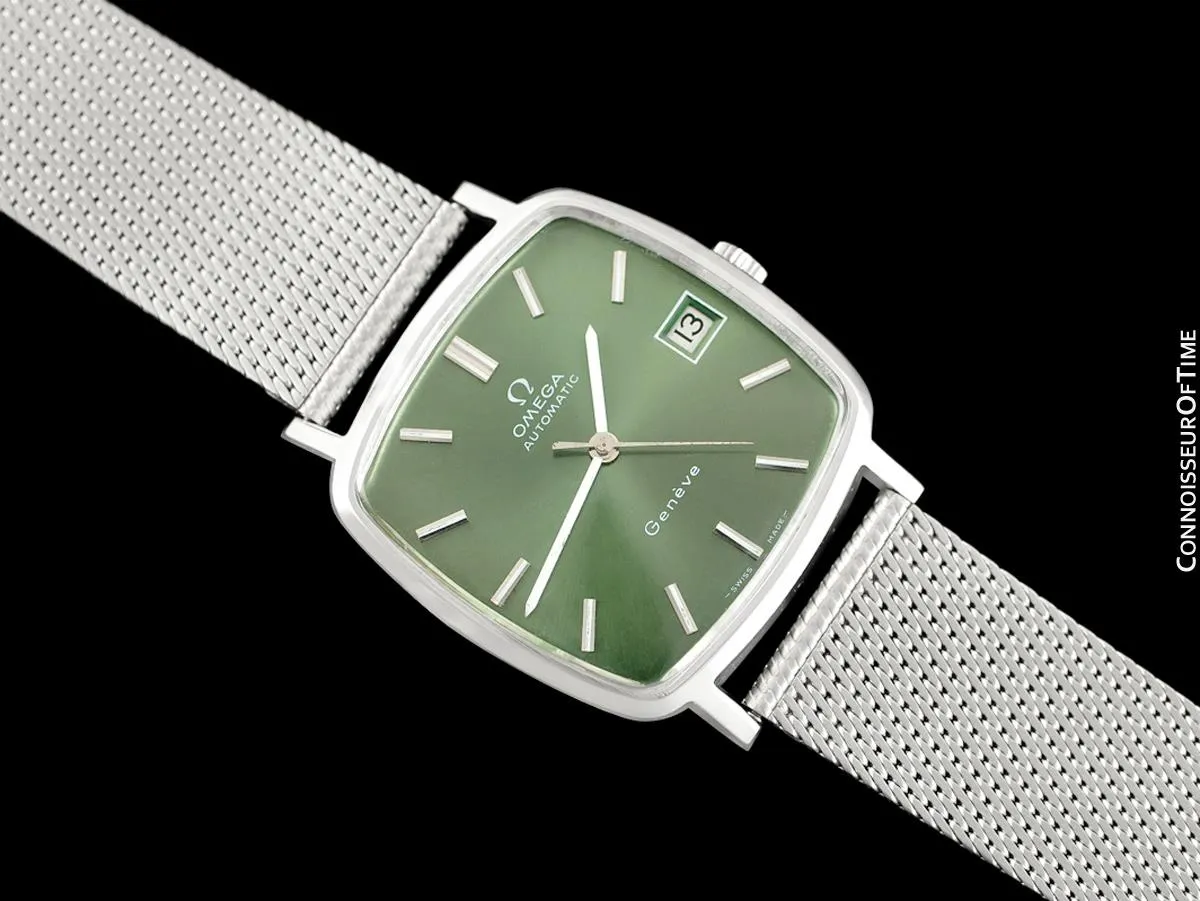 1974 Omega Geneve Vintage Mens Midsize Watch with Emerald / Money Green Dial - Stainless Steel