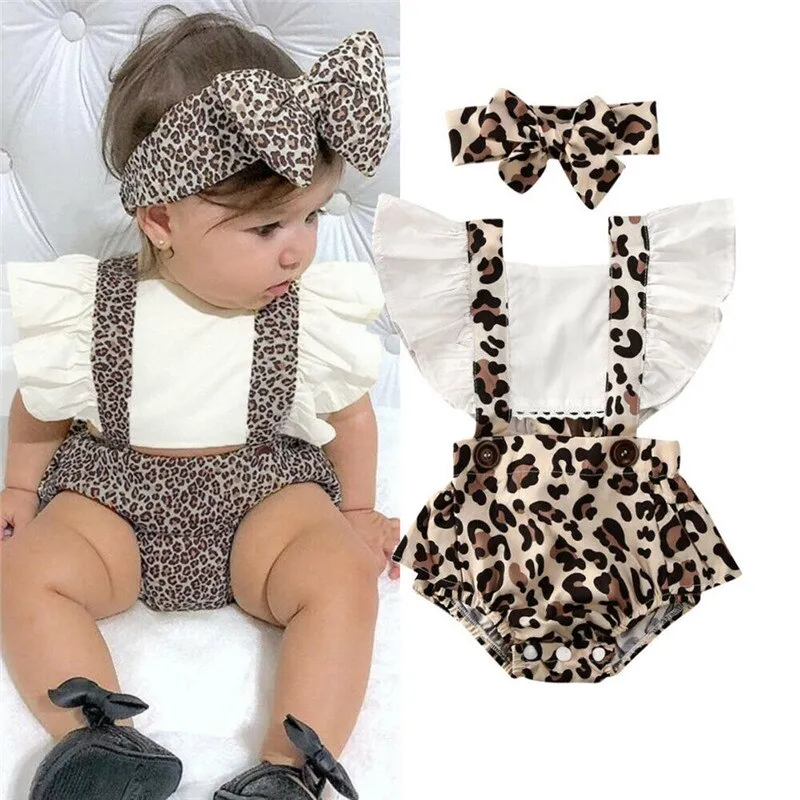 2Pcs Baby Clothes Girl Ruched Leopard Print Sleeveless Baby Rompers Jumpsuit Headband Summer Casual Baby Clothes Outfits