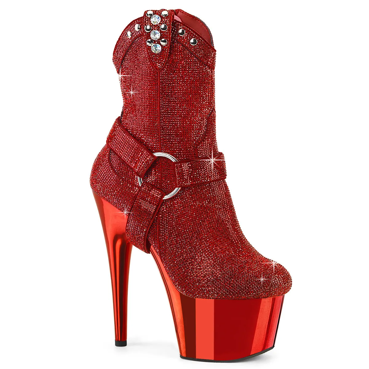 7" Rhinestone Cowgirl Ankle Boot w/ Detachable O-Ring Boot Straps & Chrome Platform  (ADORE-1029CHRS)