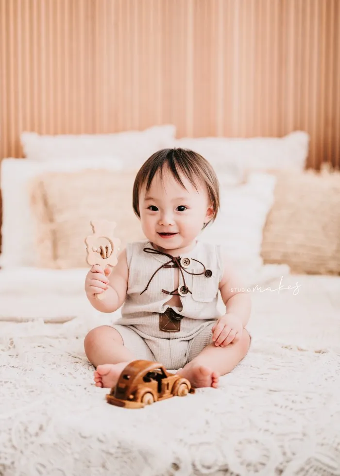 9-12 months size baby romper, oatmeal, made to order