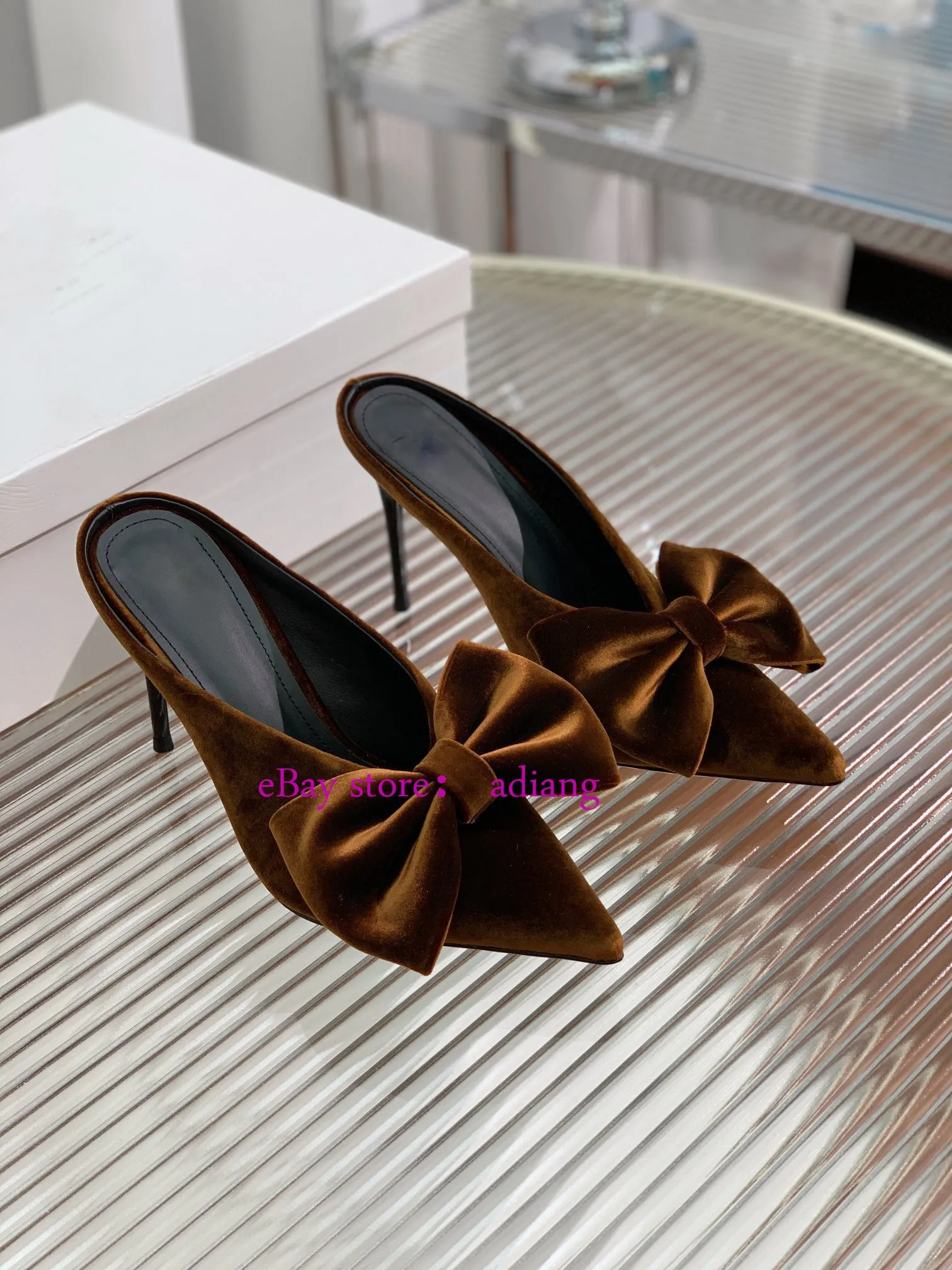 9.5cm stiletto velvet bow point toe mules grace boat shoes women 2023 35-42 high quality