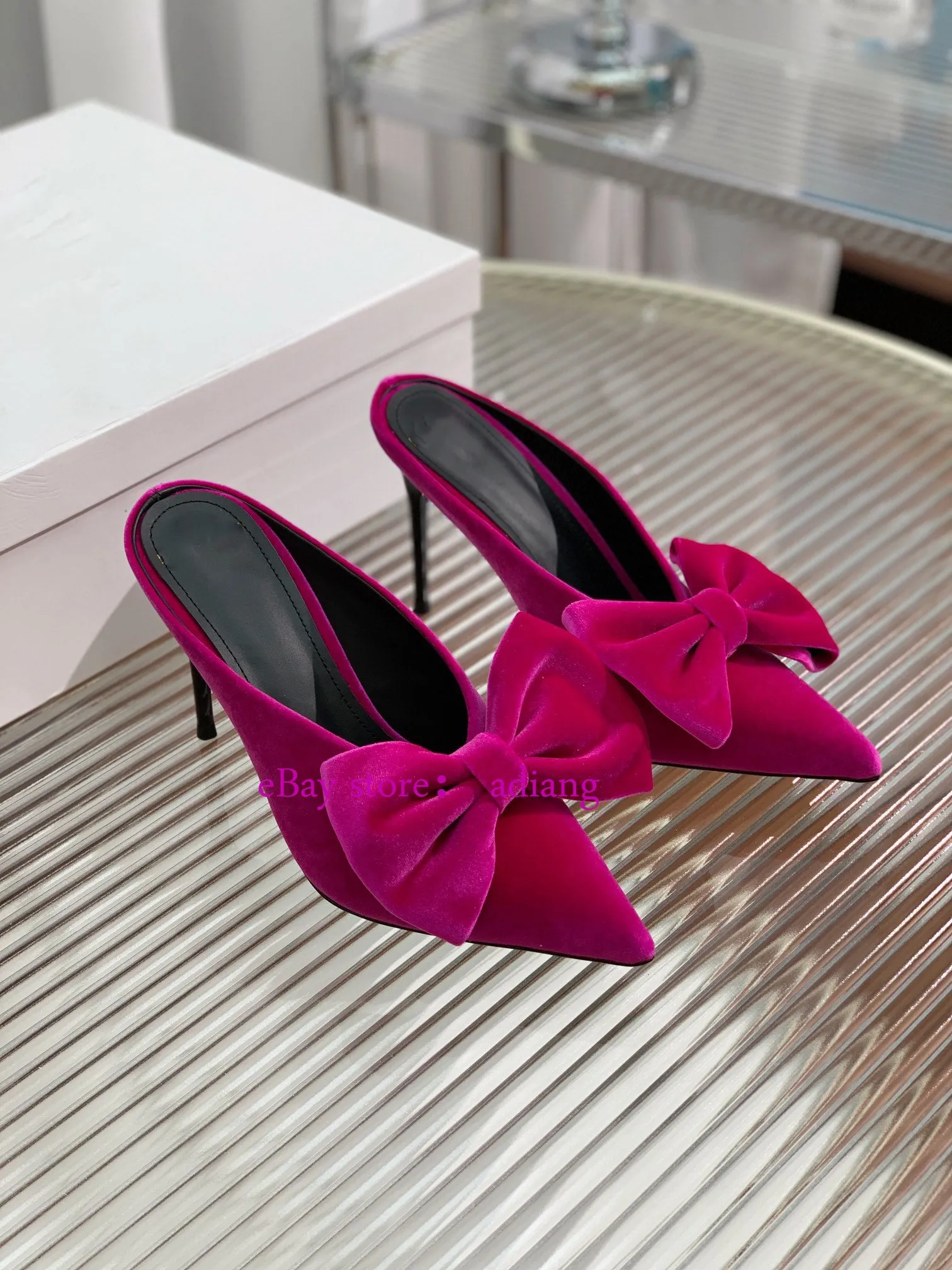 9.5cm stiletto velvet bow point toe mules grace boat shoes women 2023 35-42 high quality