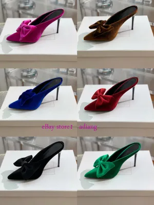 9.5cm stiletto velvet bow point toe mules grace boat shoes women 2023 35-42 high quality