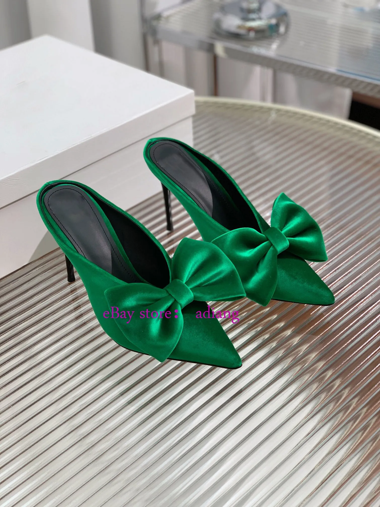 9.5cm stiletto velvet bow point toe mules grace boat shoes women 2023 35-42 high quality