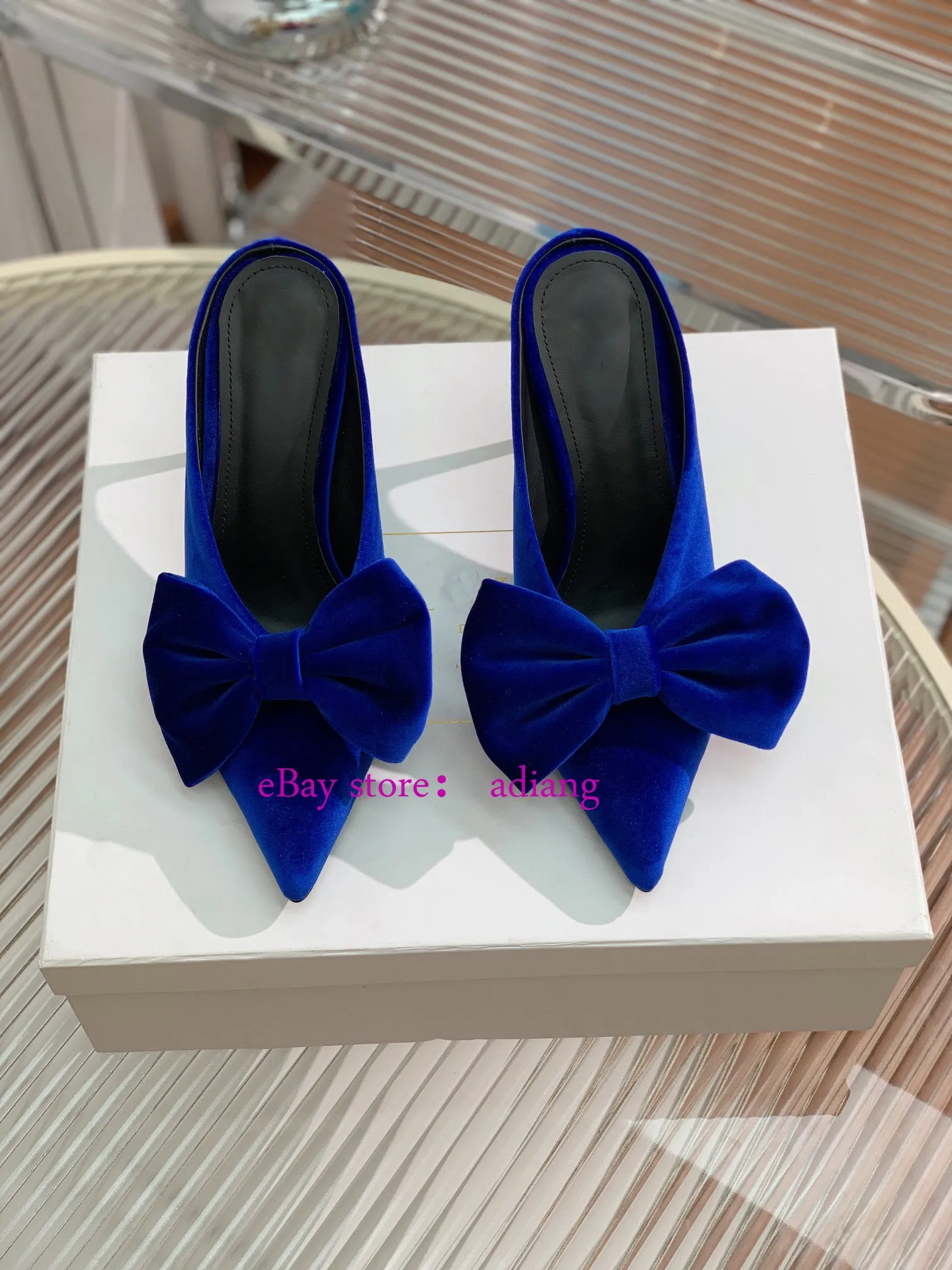 9.5cm stiletto velvet bow point toe mules grace boat shoes women 2023 35-42 high quality