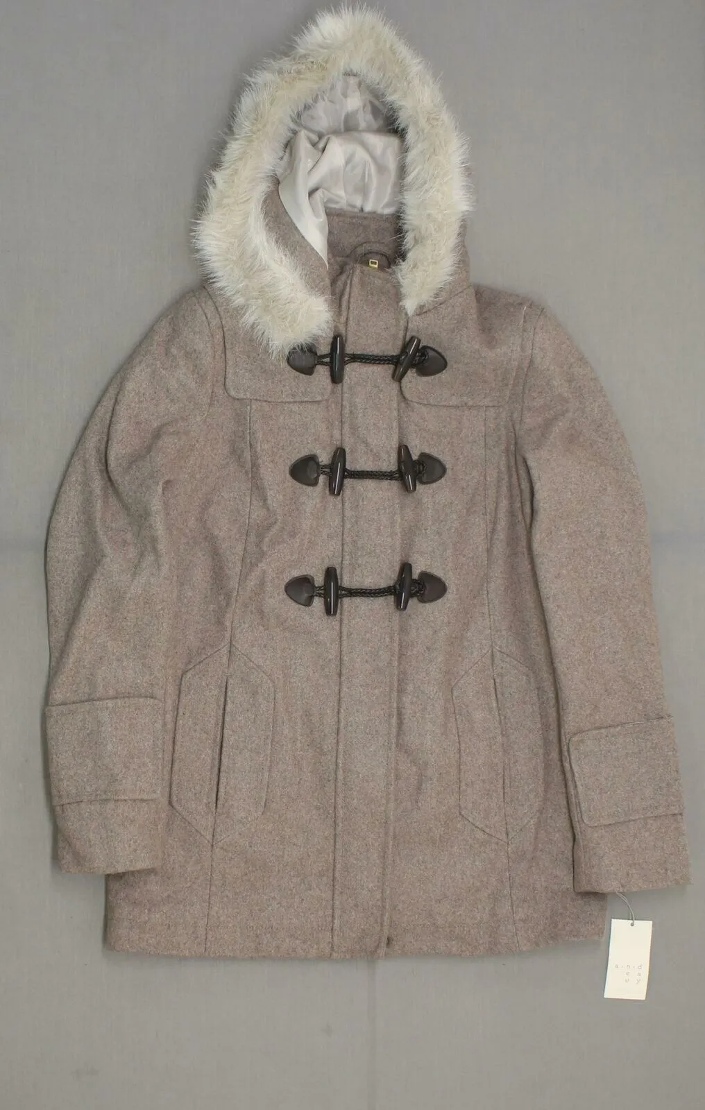 A New Day Women's Wool Toggle Coat with Fur Hood Oatmeal Small