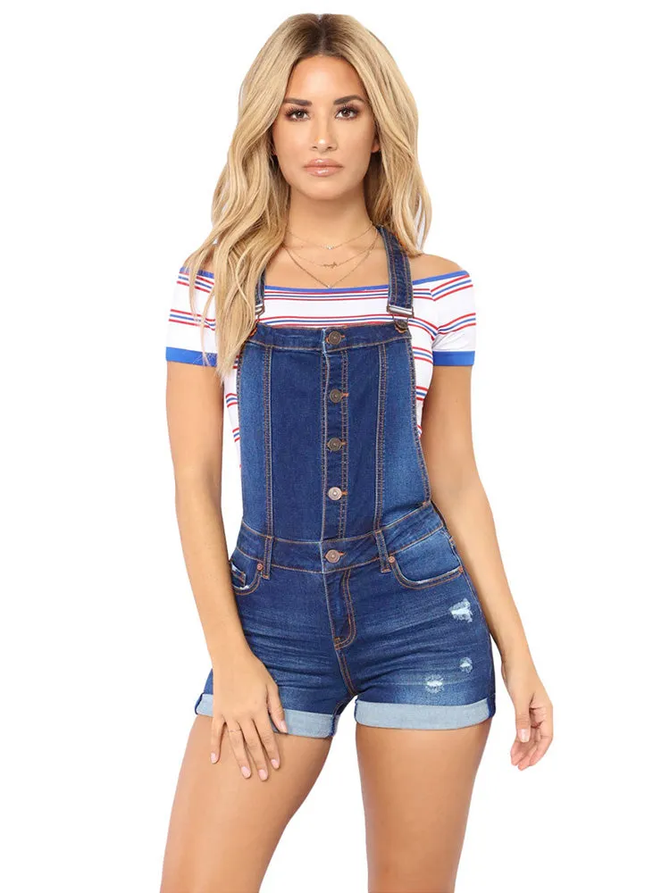 Adjustable Strap Button Front Denim Rompers