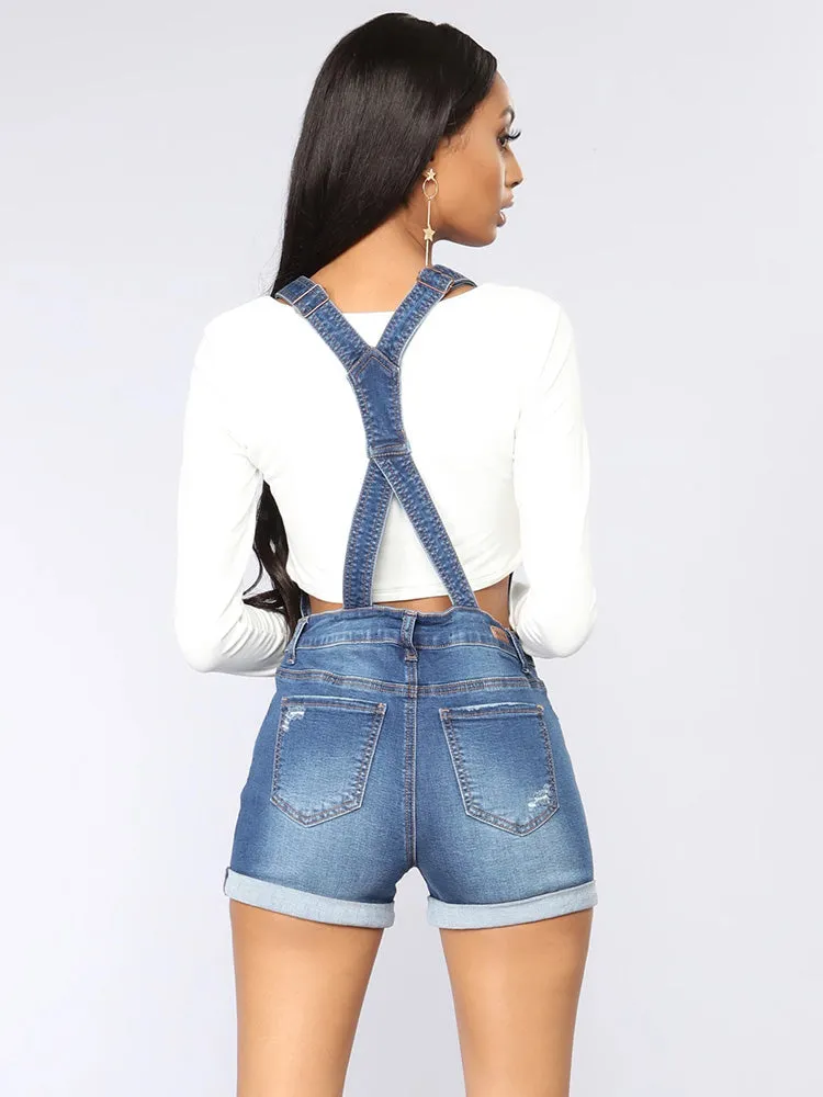 Adjustable Strap Button Front Denim Rompers