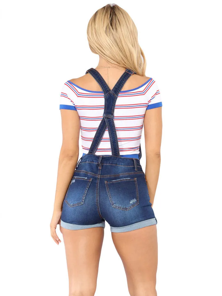 Adjustable Strap Button Front Denim Rompers