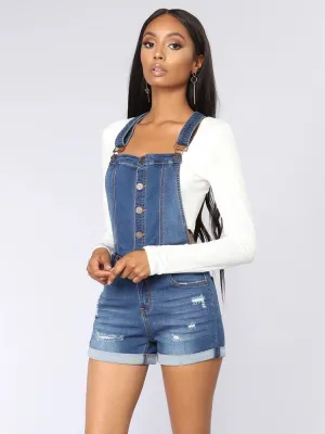 Adjustable Strap Button Front Denim Rompers