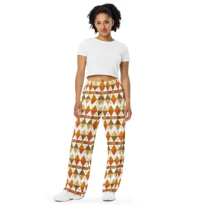 African Tribal Print Unisex Wide-Leg Pants - Earthy/White