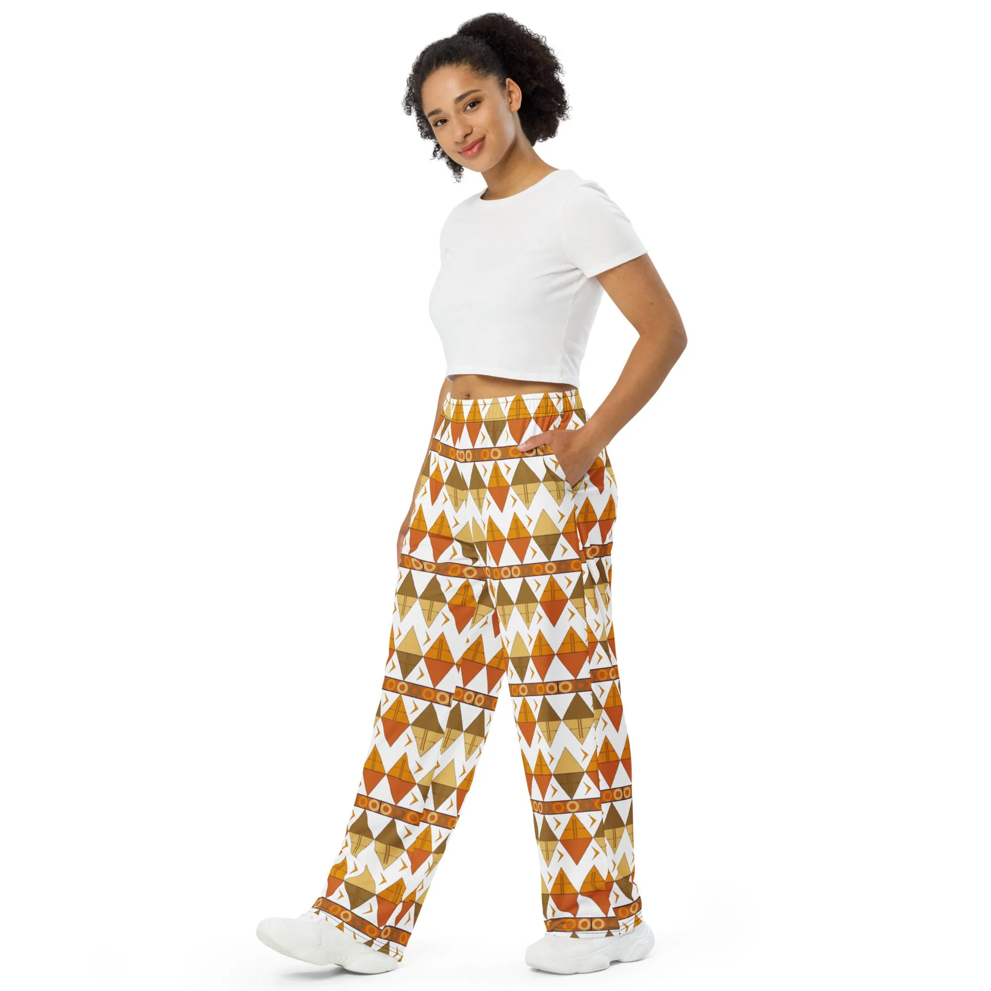 African Tribal Print Unisex Wide-Leg Pants - Earthy/White