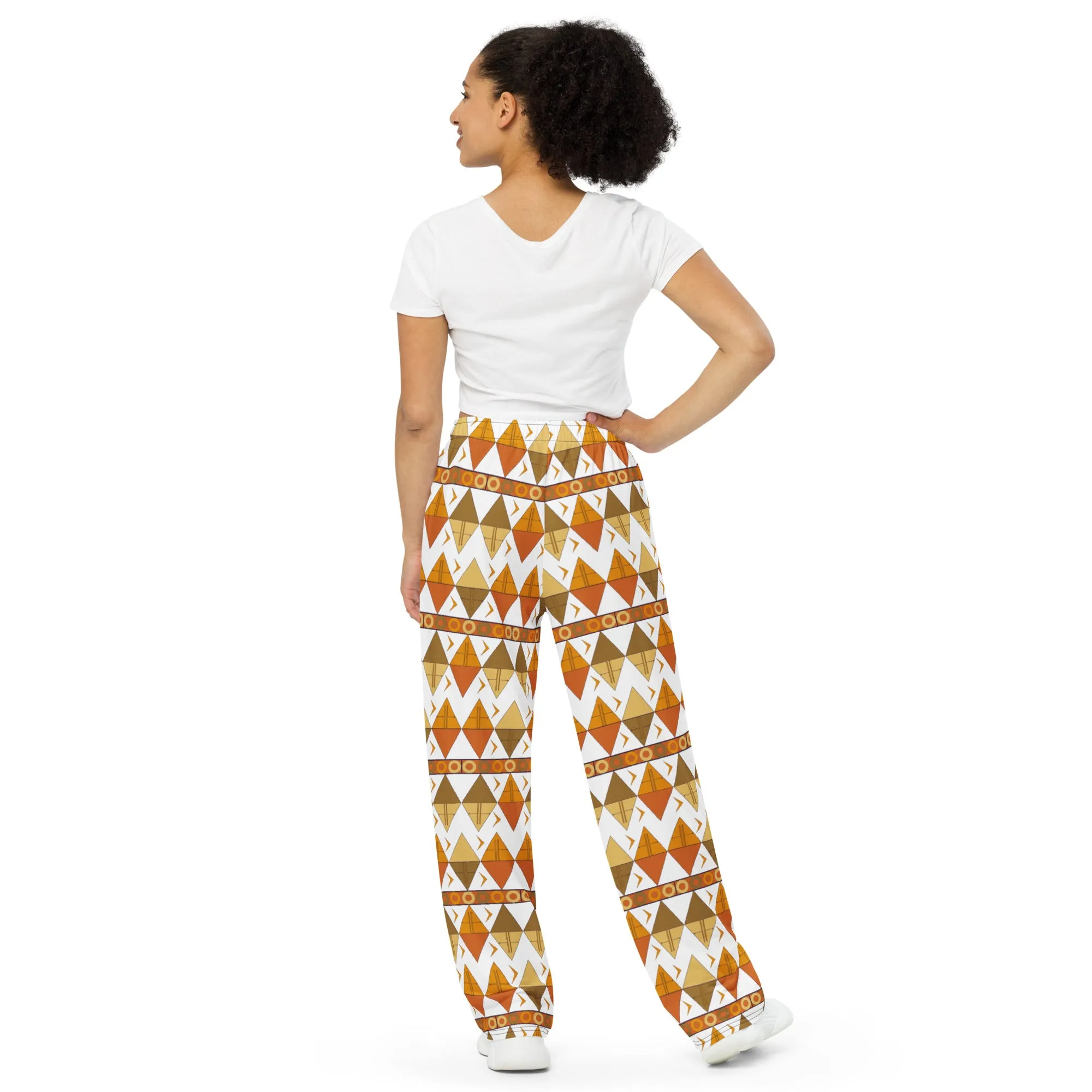 African Tribal Print Unisex Wide-Leg Pants - Earthy/White