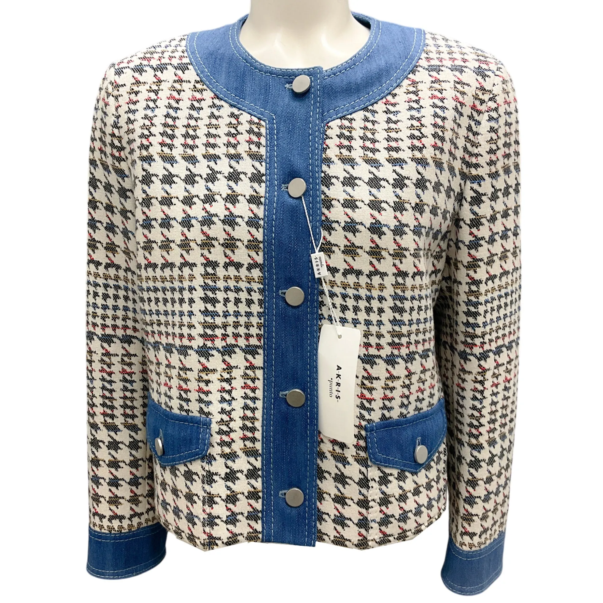 Akris Punto Ivory Multi Denim Trimmed Houndstooth Jacket