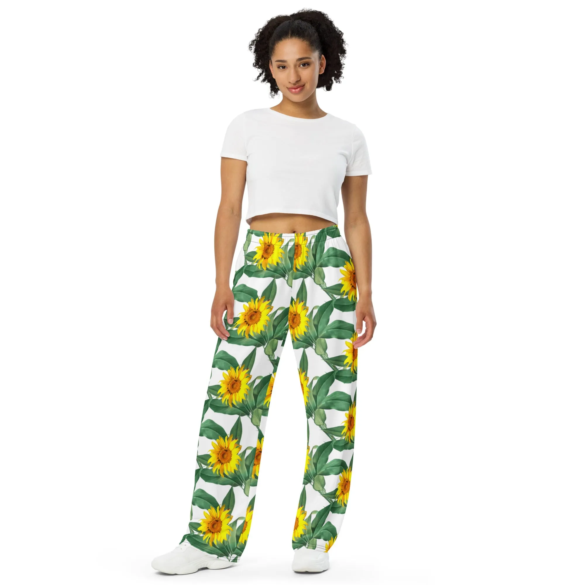 All-over print unisex wide-leg pants, sunflower pajamas, outdoor pants