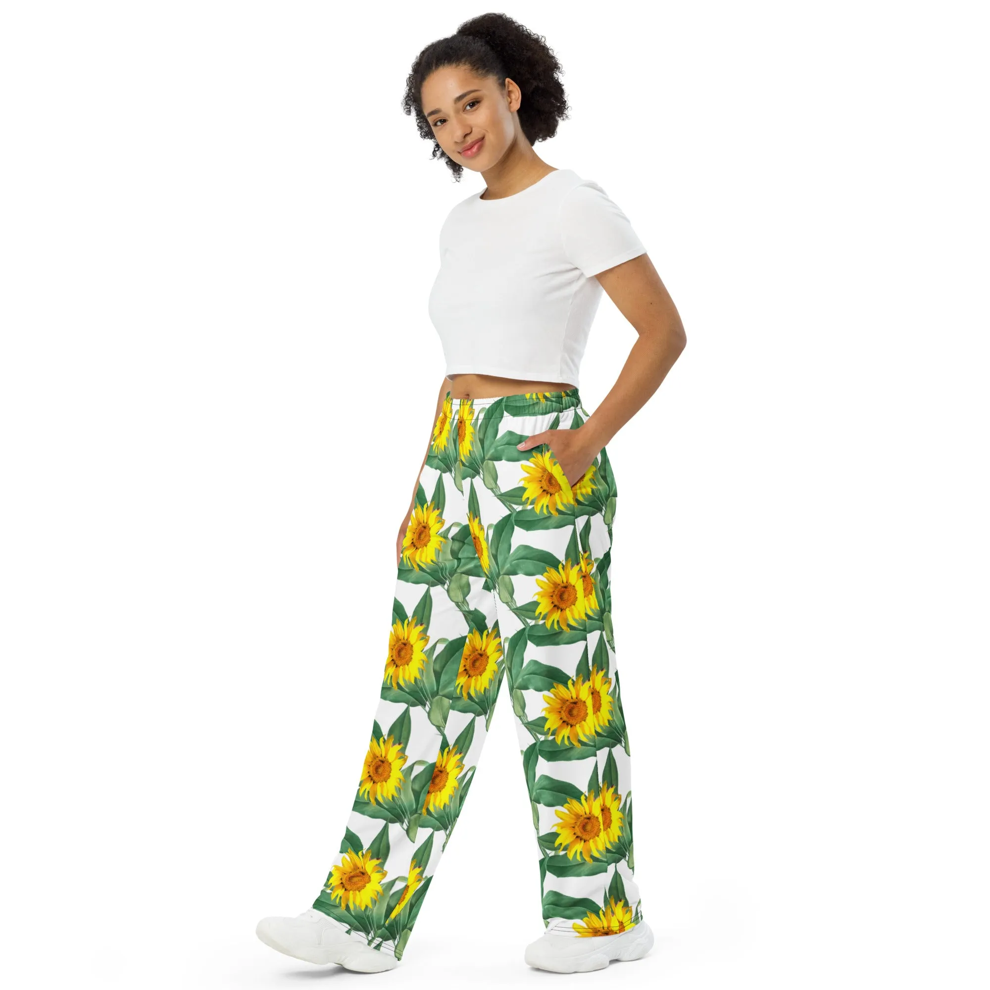 All-over print unisex wide-leg pants, sunflower pajamas, outdoor pants