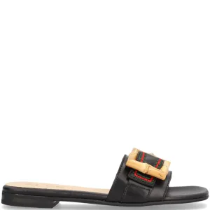 Alpe Black Leather Square Toe Flat Mules