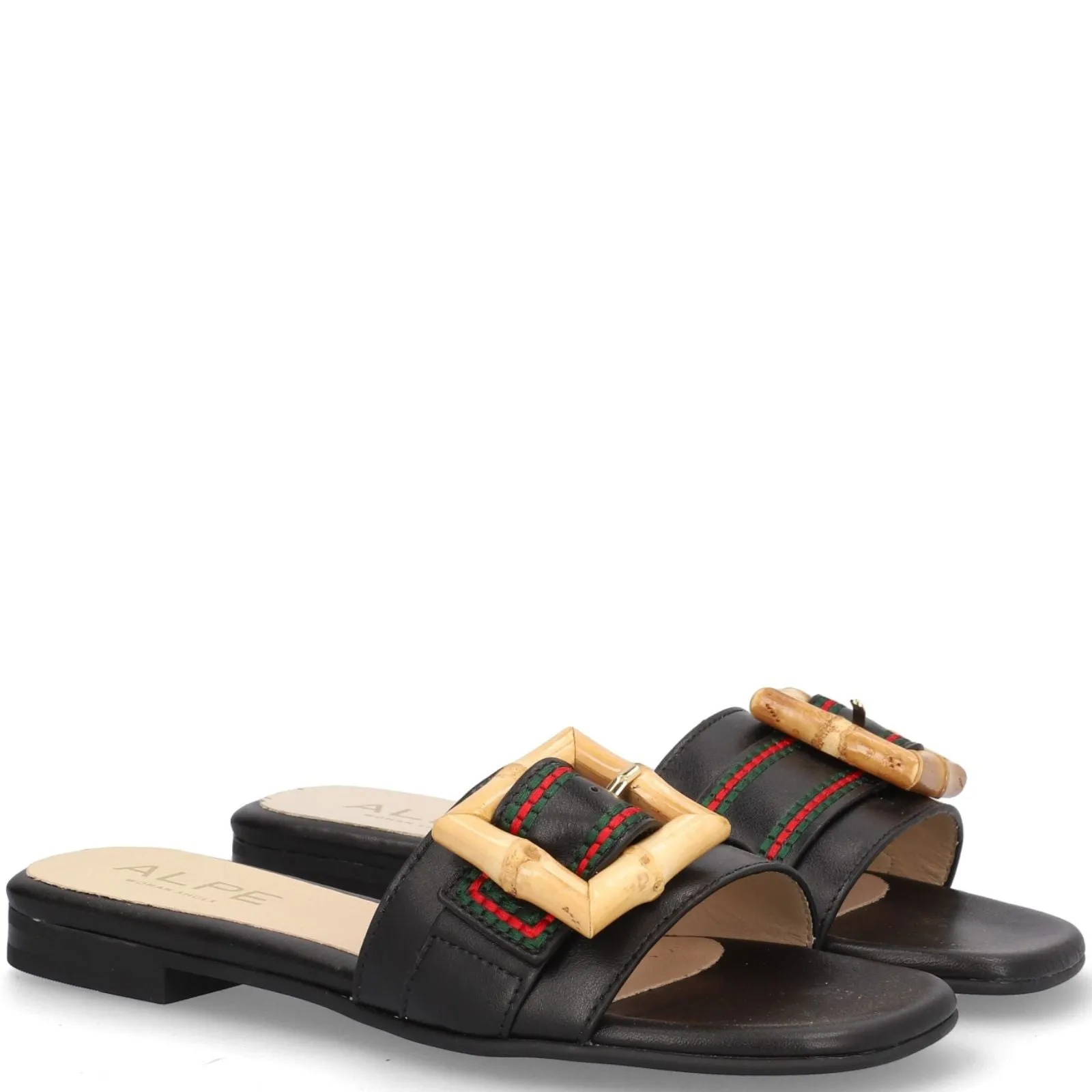 Alpe Black Leather Square Toe Flat Mules