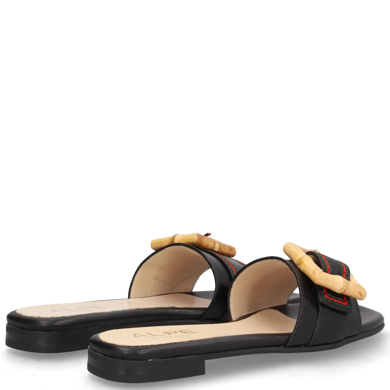 Alpe Black Leather Square Toe Flat Mules